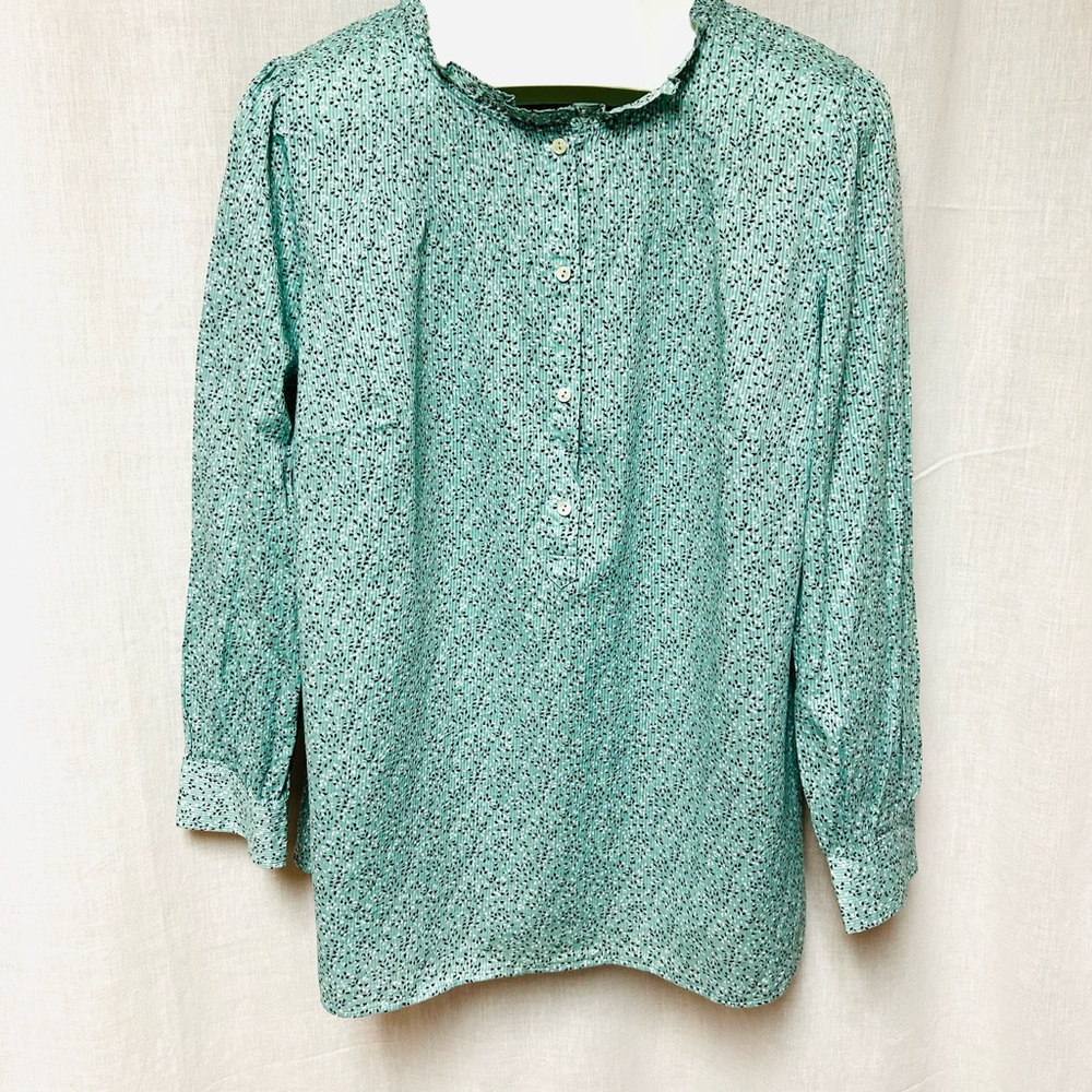 Women’s blouse lightweight long sleeves Henley vibes green black white 1X cotton